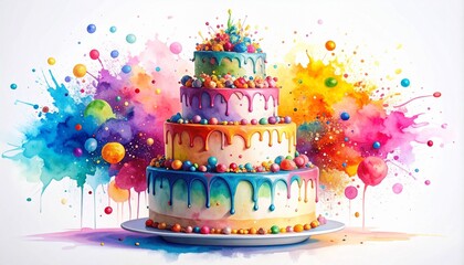 Chaos Cake Watercolor Style concept. Colorful watercolor cake with vibrant splashes in the background.