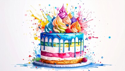 Chaos Cake Watercolor Style concept. Colorful cake with swirls and splashes of paint design.