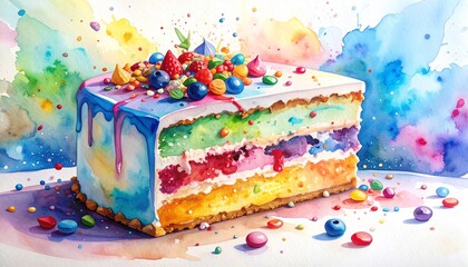 Chaos Cake Watercolor Style concept. Deliciously colorful layered cake with decorative toppings and vibrant background.