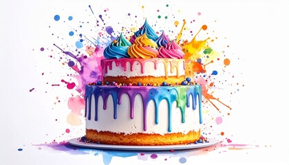 Chaos Cake Watercolor Style concept. Colorful cake with vibrant splashes of paint around it.
