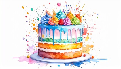 Chaos Cake Watercolor Style concept. Colorful layered cake with frosting and splashes of paint.