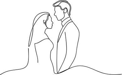Elegant One Line Drawing of Bride and Groom Facing Each Other for Wedding Design Concepts