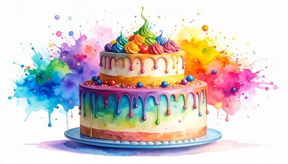 Chaos Cake Watercolor Style concept. Colorful cake with vibrant icing and splashes of paint.