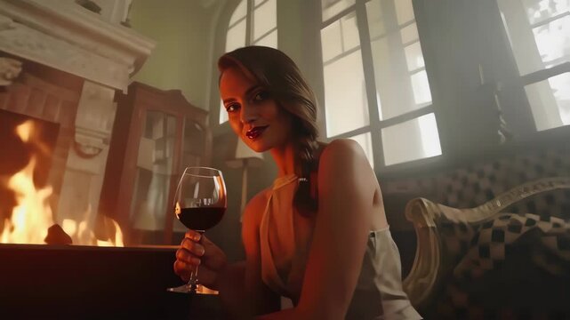 Woman Sipping Red Wine by the Fireplace