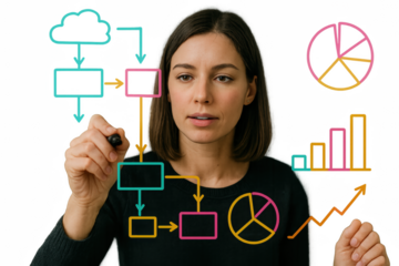 Strategic Visionary: A focused woman, a symbol of strategic thinking, sketches a complex flowchart showcasing data analysis, innovation, and modern concepts.