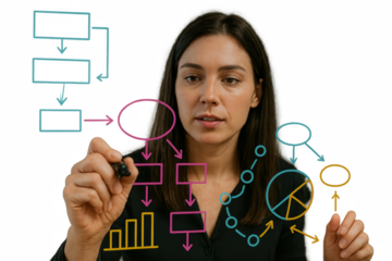 Strategic Mind at Work: A woman concentrates, drawing intricate flowcharts and diagrams, visualizing complex data, symbolizing the power of thought and analytical precision.