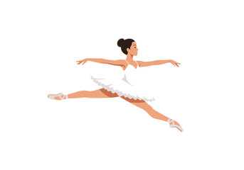 Obraz premium Ballerina in White Tutu Leaping Gracefully with Arms Extended in a Ballet Pose.