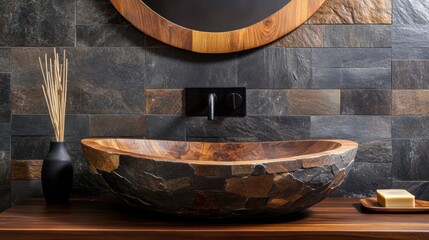 Fototapeta premium Rustic Stone Wood Vessel Sink Design.
