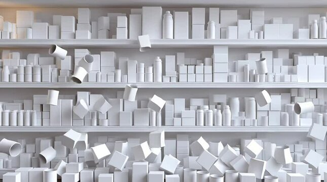 Infinite white retail shelf animation- falling products of boxes, cans, bottles, cleaners, cosmetics consumer products  tumbling, spilling. Generic tonal store shelf merchandise, dolly, 3d motion