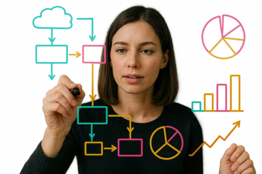 Strategic Visionary: A focused woman, a symbol of strategic thinking, sketches a complex flowchart showcasing data analysis, innovation, and modern concepts.