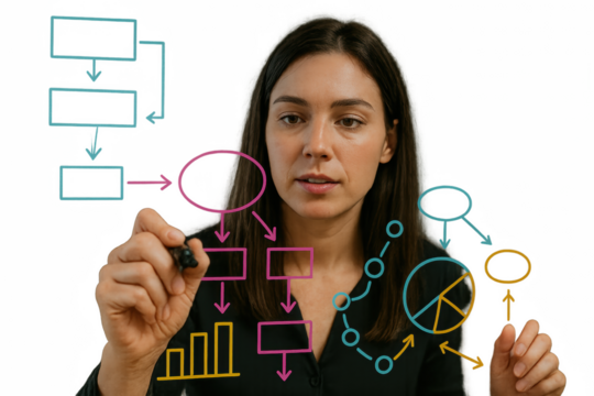 Strategic Mind at Work: A woman concentrates, drawing intricate flowcharts and diagrams, visualizing complex data, symbolizing the power of thought and analytical precision.