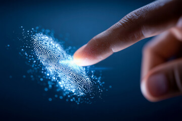A human finger touching a glowing, digital fingerprint, symbolizing biometric security, identity verification, access control, and advanced authentication technology for data protection