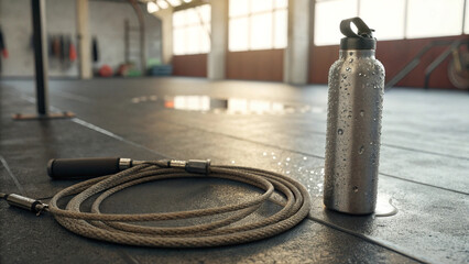 Fitness Equipment Jump Rope and Water Bottle in Gym