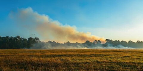 Fototapeta premium A quiet field with birds chirping and smoke from a distant fire