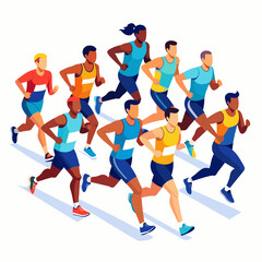 Group of Diverse Athletes in a Marathon Race with Vibrant Blue and Yellow Uniforms Running on a White Surface