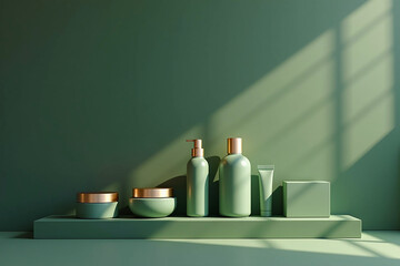 Green Cosmetic Collection on Shelf with Copper Accents and Shadowplay