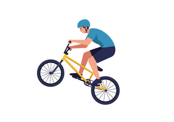 Obraz premium Cartoon Man Riding a Yellow BMX Bike with Blue Helmet and Outfit.