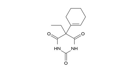cyclobarbital molecule, structural chemical formula, ball-and-stick model, isolated image sedative-hypnotic