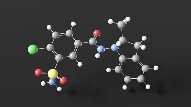 indapamide molecule 3d, molecular structure, ball and stick model, structural chemical formula antihypertensive