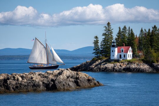 Curtis Island lighthouse and ship sailing by in Camden, Maine. - Powered by Adobe