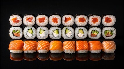Delicious assortment of maki and nigiri sushi, vibrant colors, dark background, professional food photography.