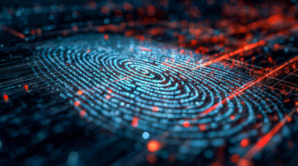A futuristic, glowing blue fingerprint scan on a digital circuit board with red light elements, symbolizing biometric security, identity verification, cyber privacy, and advanced technology