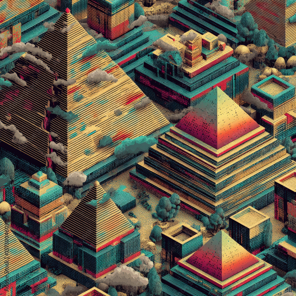 Poster vibrant seamless pattern of solid blocks and pyramids in retro colors for artistic and creative proj