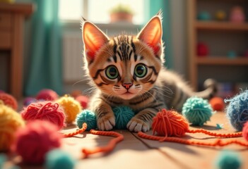curious cat playful scene colorful yarn balls whimsical charm afternoon delight feline activity playtime fun, toy, kitten, curiosity, movement, whisker