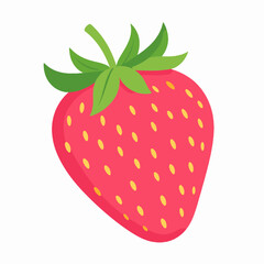 Fototapeta premium Illustration of a Ripe Red Strawberry with Green Leaves and Yellow Seeds on White Background Close Up