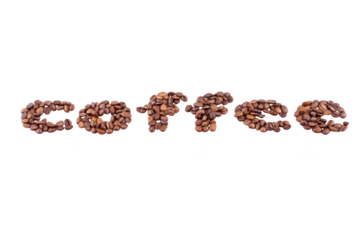 The word coffee spelled out with roasted coffee beans isolated on transparent background