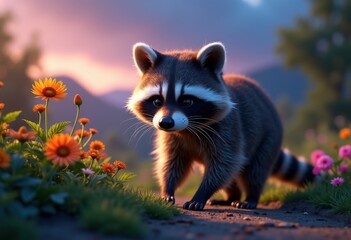 curious raccoon adventuring through lush garden dusk under soft twilight glow, nature, flora, plants, wildlife, landscape, outdoors, scenery, foliage