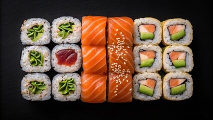 Overhead shot of assorted sushi rolls: salmon, avocado, tuna, and vegetable, on black slate.