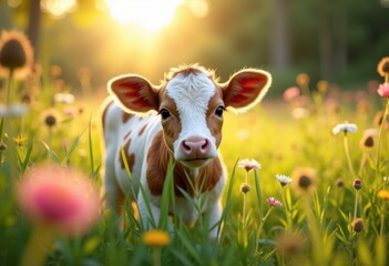 curious calf peeking through lush green pasture playful observation nature scene animal curiosity, grass, field, youthful, flora, landscape, vibrant
