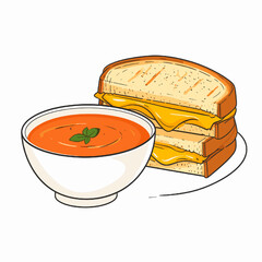 Illustration of Bowl of Tomato Soup and Grilled Cheese Sandwich on White Background for Culinary Arts and Food Concepts