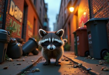 curious raccoon roaming urban alleyway dusk among trash bins streetlights, shadows, night, wildlife, creature, scavenger, neighborhood, park, landscape