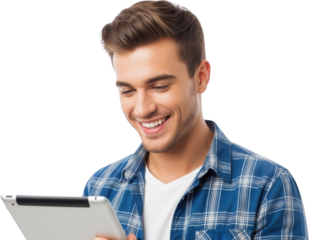Smiling young man with brown hair in blue plaid shirt holding a tablet device