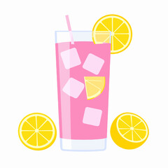 Illustration of Refreshing Pink Lemonade with Ice Cubes and Lemon Slices in Clear Glass on White Backdrop