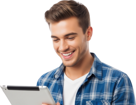 Smiling young man with brown hair in blue plaid shirt holding a tablet device