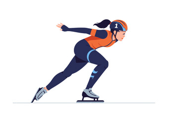 Fototapeta premium Female Speed Skater in Orange and Blue Suit with Helmet Number One.