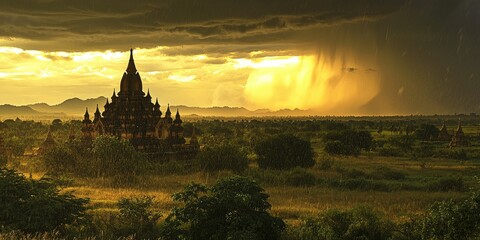 A rainstorm passing over a temple on the plains