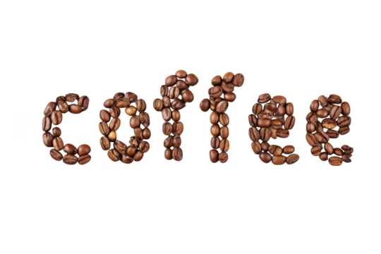 The word coffee spelled out with roasted coffee beans isolated on transparent background - Powered by Adobe