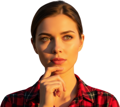 Young woman with green eyes and hand on chin wearing red plaid shirt bathed in warm sunset light - Powered by Adobe