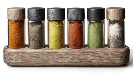 Collection of colorful spice jars arranged neatly on a wooden holder, showcasing various spices