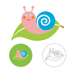Cartoon snail coloring page. Snail sitting on green leaf with smile, vector drawing.