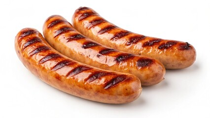 Three Grilled Sausages, Close-up Studio Shot, Appetizing Food Photography, High-Resolution Image, Delicious Summer BBQ, Juicy and Flavorful.