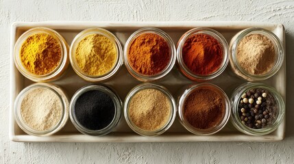 A vibrant display of various spices in glass jars arranged neatly on a wooden tray