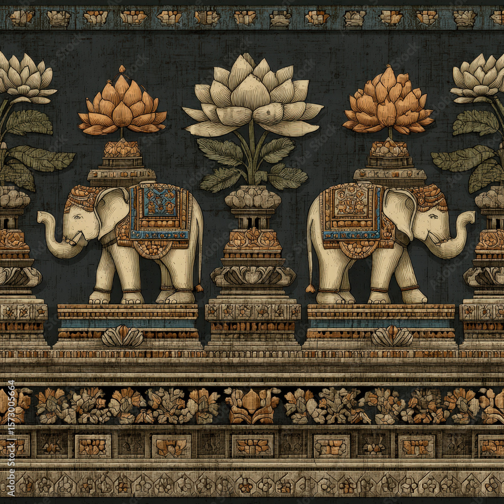Poster intricate seamless pattern featuring stepped temple borders with elephants and lotus flowers in rich