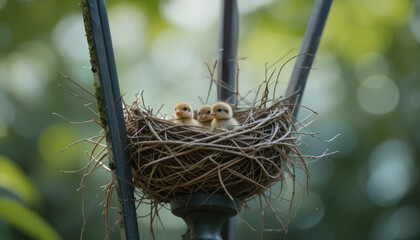 Close-up of Three Fluffy Yellow Baby Chicks Huddled in a Bird's Nest, New Life Concept
