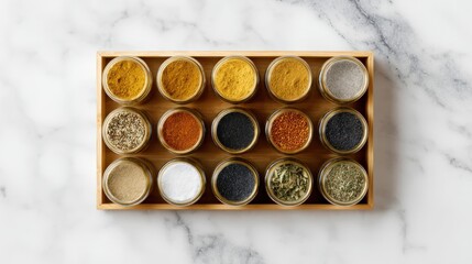 A vibrant collection of spices in glass jars arranged neatly on a wooden tray atop a marble surface