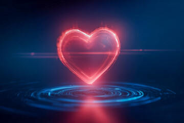 A vibrant, glowing red heart symbol pulsing with digital energy, surrounded by blue ripples on a dark surface, symbolizing love, passion, health, and digital connection